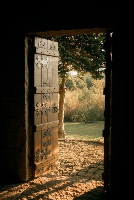 A door opening to the light — representing the step into visibility and presence